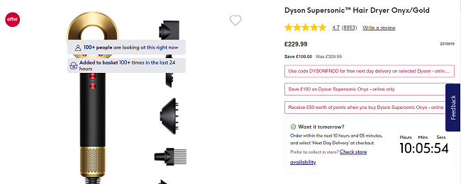 Screenshot showing Dyson Supersonic Hair Dryer Onyx / Gold for £229.99 at Boots