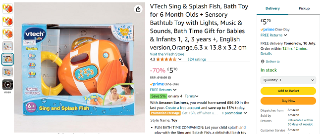 Screenshot showing VTech Sing & Splash Fish Baby Toy for £5.70 at Amazon