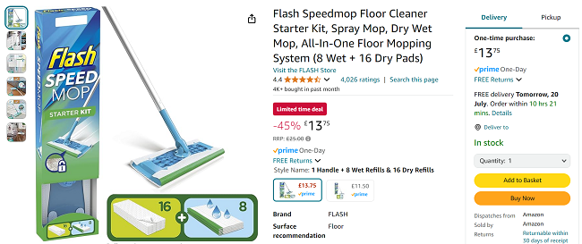 Screenshot showing Flash Speedmop Starter Kit for £13.75 at Amazon