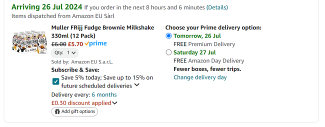 Screenshot showing Muller FRijj Milkshake Fudge Brownie or Strawberry 330ml (12 Pack) for £5.70 at Amazon