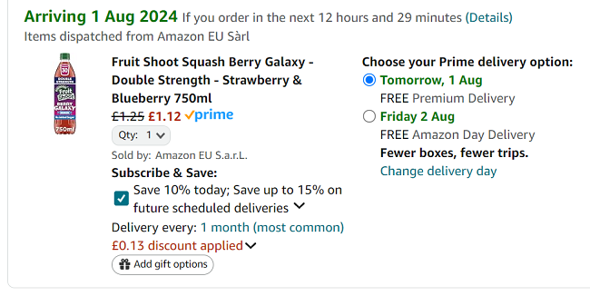 Screenshot showing Fruit Shoot Squash Berry Galaxy Double Strength Strawberry & Blueberry 750ml for £1.12 at Amazon