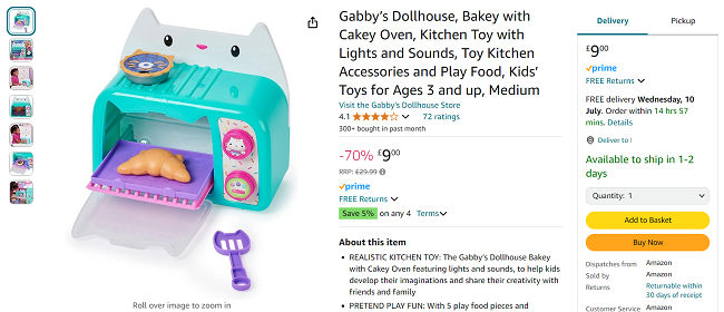 Screenshot showing Gabby's Dollhouse Bakey With Cakey Oven for £9 at Amazon
