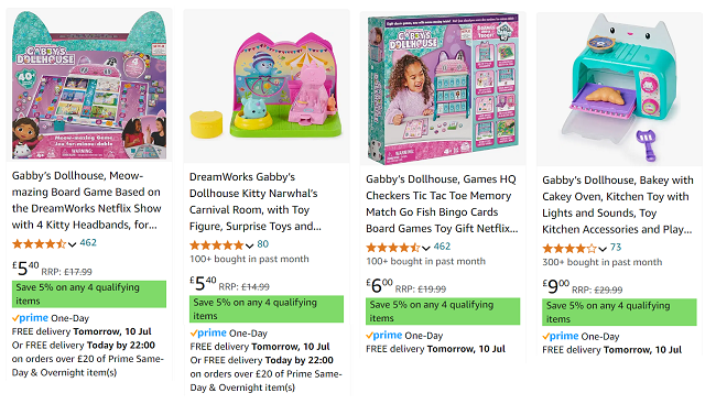 Screenshot showing reduced Gabby's Dollhouse toys at Amazon