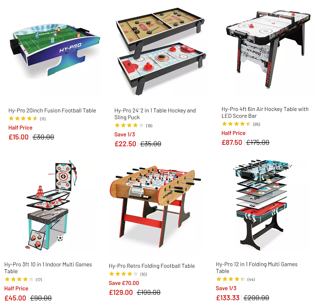 Screenshot showing reduced games tables at Argos