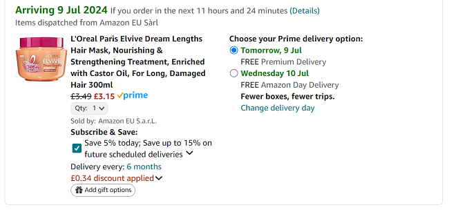 Screenshot showing L'Oreal Paris Elvive Dream Lengths Hair Mask for £3.15 at Amazon