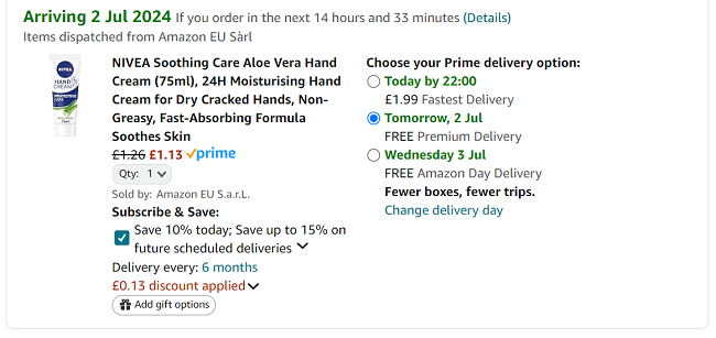 Screenshot showing Nivea Soothing Care Aloe Vera Hand Cream 75ml for £1.13 at Amazon