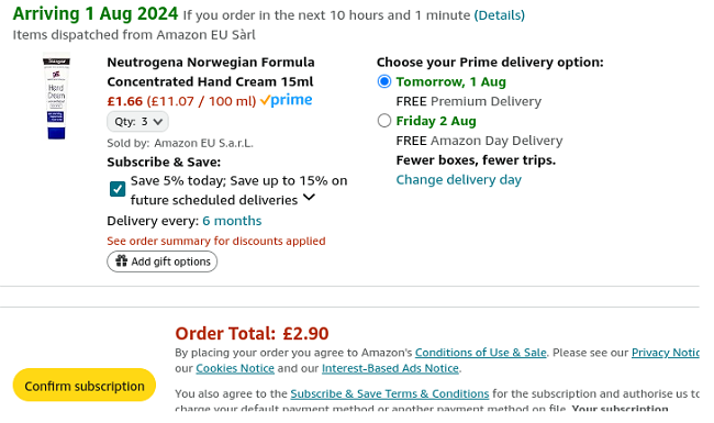Screenshot showing Neutrogena Norwegian Formula Concentrated Hand Cream 15ml 3 for £2.90 at Amazon