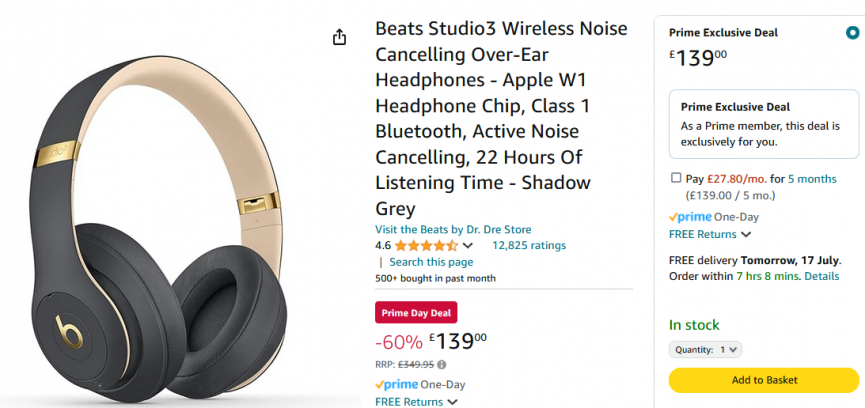 Prime Day Beats Studio3 Wireless Noise Cancelling Over Ear Headphones 139 Amazon