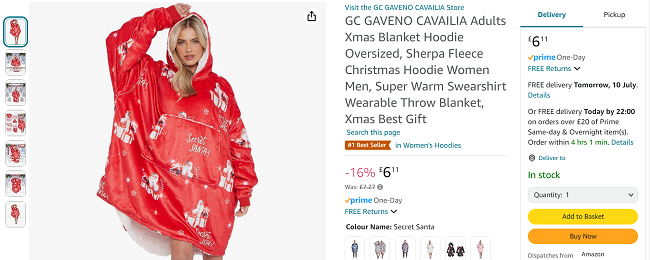 Screenshot showing Adults Christmas Oversized Hoodie Blanket for £6.11 at Amazon