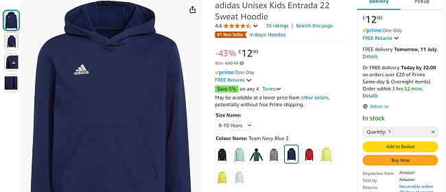 Screenshot showing Adidas Unisex Kids Entrada 22 Sweat Hoodie Navy for £12 at Amazon