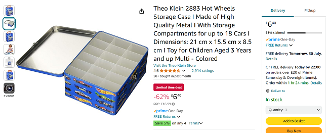 Screenshot showing Hot Wheels Storage Case for £6.40 at Amazon