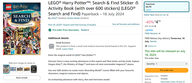 Screenshot showing LEGO Harry Potter: Search & Find Sticker Activity Book for £4.79 at Amazon