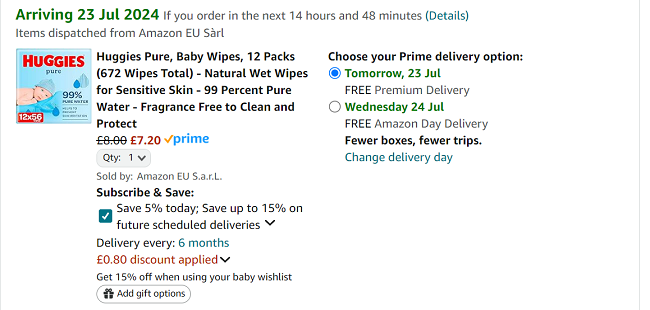Huggies Pure Baby Wipes 12 Packs £7.20 @ Amazon