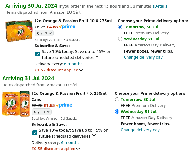 Screenshot showing reduced J2O Orange & Passion Fruit at Amazon