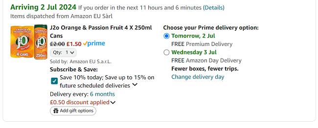 Screenshot showing J2o Orange & Passion Fruit 4 X 250ml Cans for £1.50 at Amazon