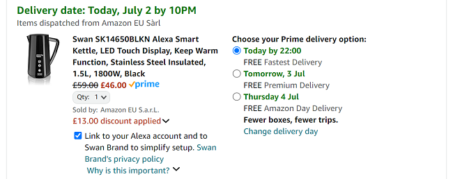 Screenshot showing Swan Alexa Smart Kettle for £46 at Amazon