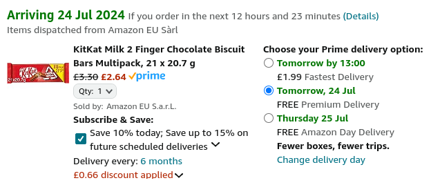 Screenshot showing KitKat Milk 2 Finger Chocolate Biscuit Bars Multipack 21 x 20.7 g for £2.64 at Amazon
