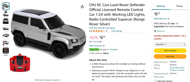 Screenshot showing Land Rover Defender Official Licensed Remote Control Car for £6 at Amazon