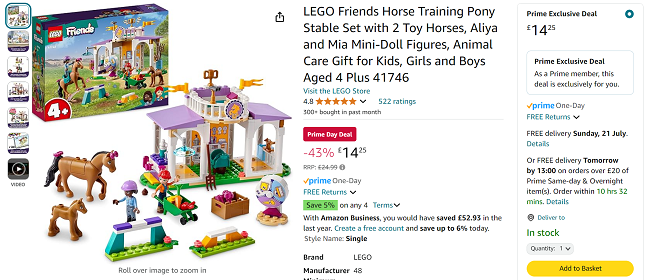 Screenshot showing LEGO Friends Horse Training Pony Stable Set for £14.25 at Amazon