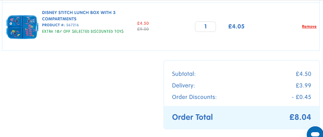 Screenshot showing Stitch lunch box for £4.05 with code at The Entertainer