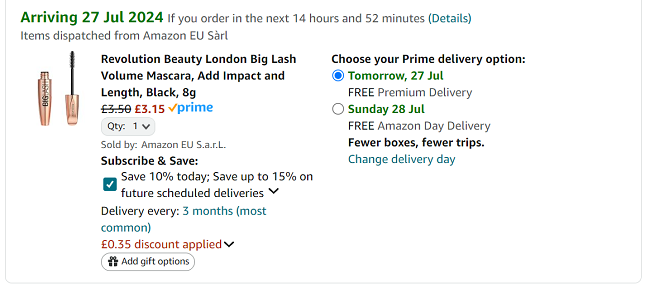 Screenshot showing Revolution Beauty London Big Lash or Waterproof Volume Mascara for £3.15 at Amazon