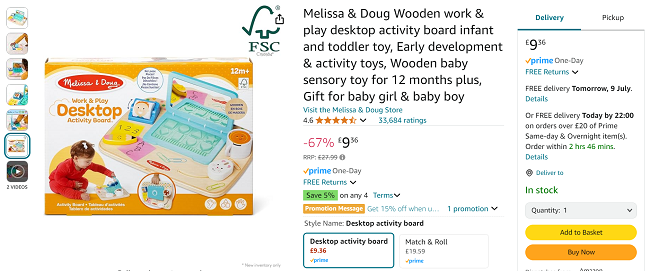 Screenshot showing Melissa & Doug Wooden Work & Play Desktop Activity Board for £9.36 at Amazon