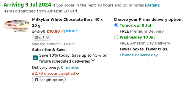 Screenshot showing Milkybar White Chocolate Bars 40 x 25g for £10.80 at Amazon