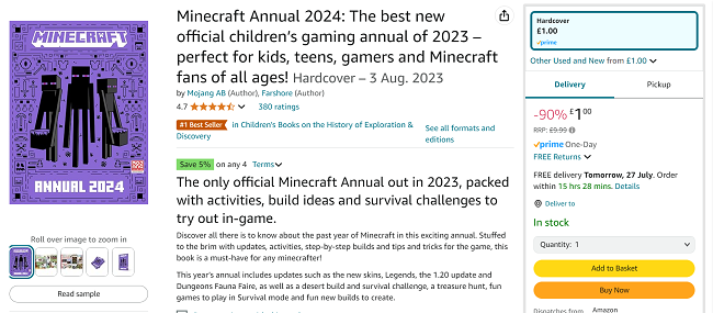 Screenshot showing Minecraft Annual 2024 for £1 at Amazon