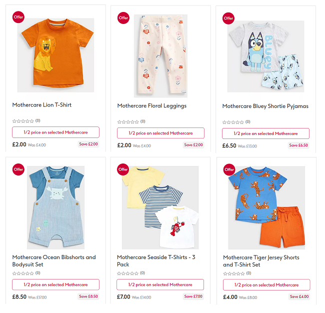 Screenshot of Mothercare clothing sale at Boots