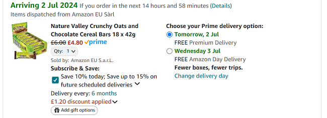 Screenshot showing Nature Valley Crunchy Oats and Chocolate Cereal Bars 18 x 42g for £4.80 at Amazon