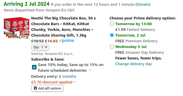 Screenshot showing Nestlé The Big 30 Bar Chocolate Box for £14.82 at Amazon