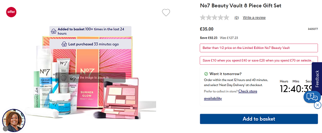 Screenshot showing No7 Beauty Vault 8 Piece Gift Set for £35 at Boots