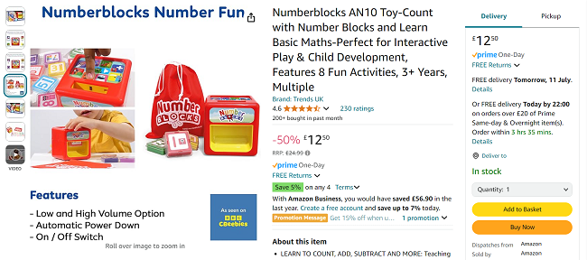 Screenshot showing Numberblocks Number Fun Educational Toy for £12.50 at Amazon