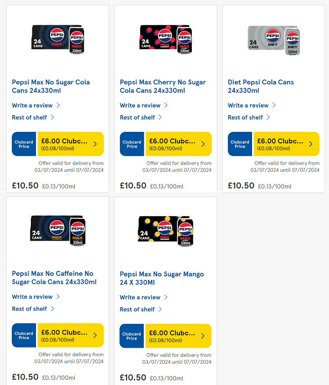 Screenshot showing Pepsi Max / Cherry / Mango / Diet / Caffeine Free 24 x 330ml Cans for £6 at Tesco