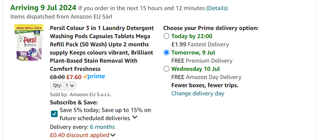 Screenshot showing Persil Colour 3 in 1 Laundry Capsules 50 Wash for £7.60 at Amazon