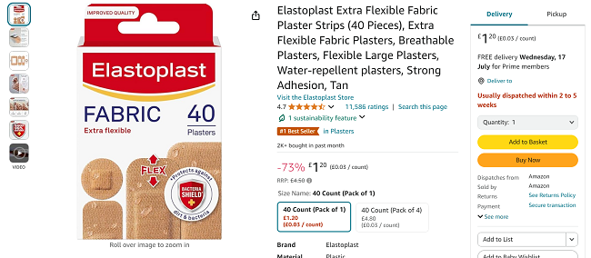 Screenshot showing Elastoplast Extra Flexible Fabric Plaster Strips (40 Pieces) for £1.20 at Amazon