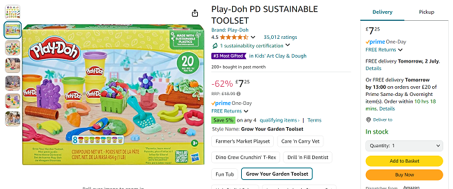Screenshot showing Play-Doh Grow Your Own Garden Toolset for £7.25 at Amazon