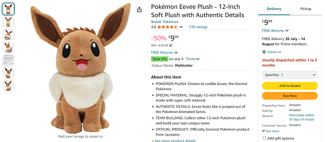 Screenshot showing Pokémon Eevee 12 Inch Plush for £9.99 at Amazon