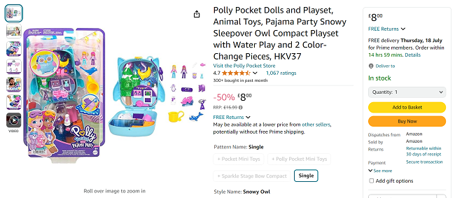 Screenshot showing Polly Pocket Pajama Party Snowy Sleepover Owl Compact Playset for £8 at Amazon