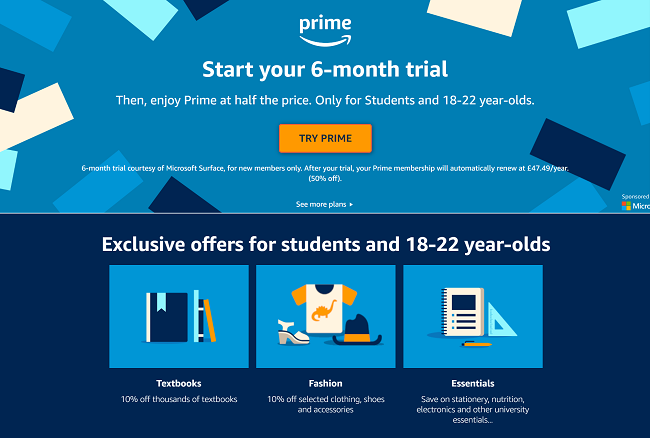 FREE 6 Month's Amazon Prime Trial Then Half Price For 18-22 Year Olds @ Amazon Prime
