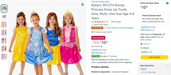 Screenshot showing Rubie's Disney Princess Dress Up Trunk for £10.70 at Amazon