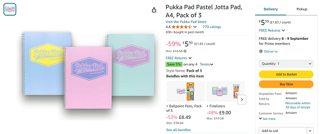 Screenshot showing Pukka Pad Pastel Jotta Pad, A4, Pack of 3 £5.50 at Amazon