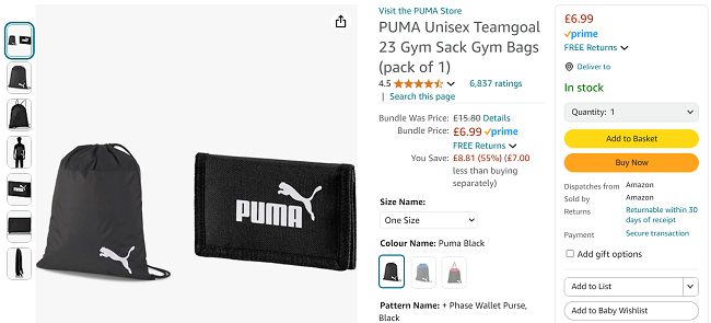 Screenshot showing Puma Gym Sack & Wallet Bundle for £6.99 at Amazon