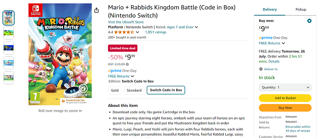 Screenshot showing Mario + Rabbids Kingdom Battle Nintendo Switch Game for £9.99 at Amazon