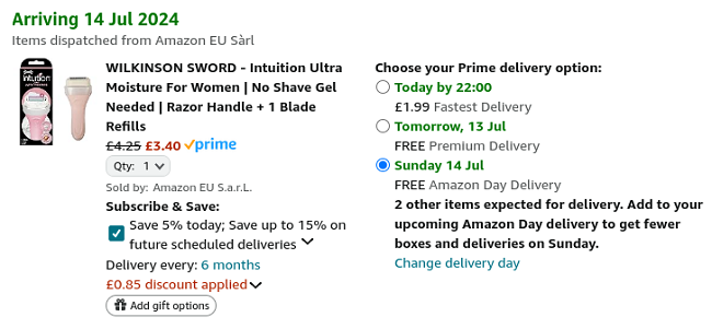 Screenshot showing Wilkinson Sword Intuition Ultra Moisture Women's Razor Handle + 1 Blade Refills for £3.40 at Amazon