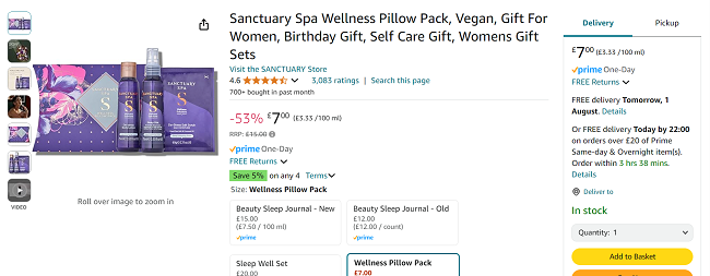 Screenshot showing Sanctuary Spa Wellness Pillow Pack for £7 at Amazon
