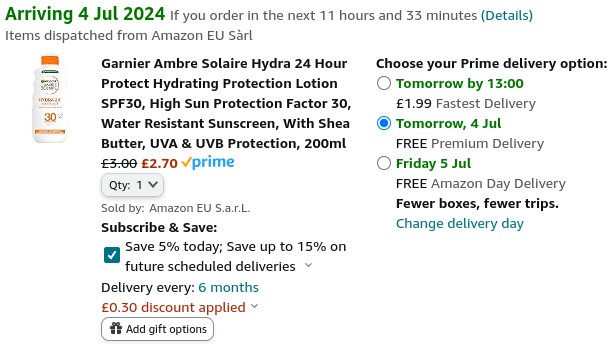 Garnier Ambre Solaire Hydra 24 Hour Protect Lotion 200ml from £2.70 @ Amazon