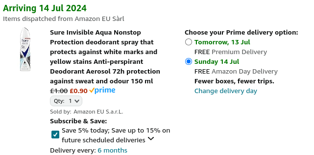 Sure Invisible Aqua Deodorant 150ml 90p @ Amazon