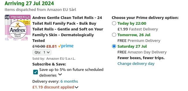 Andrex Gentle Clean Toilet Rolls 24 Pack £8.81 @ Amazon