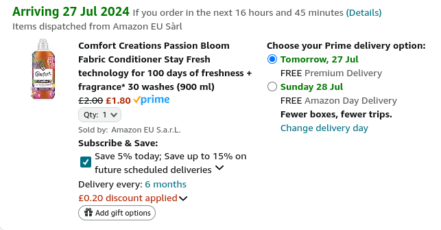 Comfort Creations Passion Bloom Fabric Conditioner 30 washes (900 ml) £1.80 @ Amazon